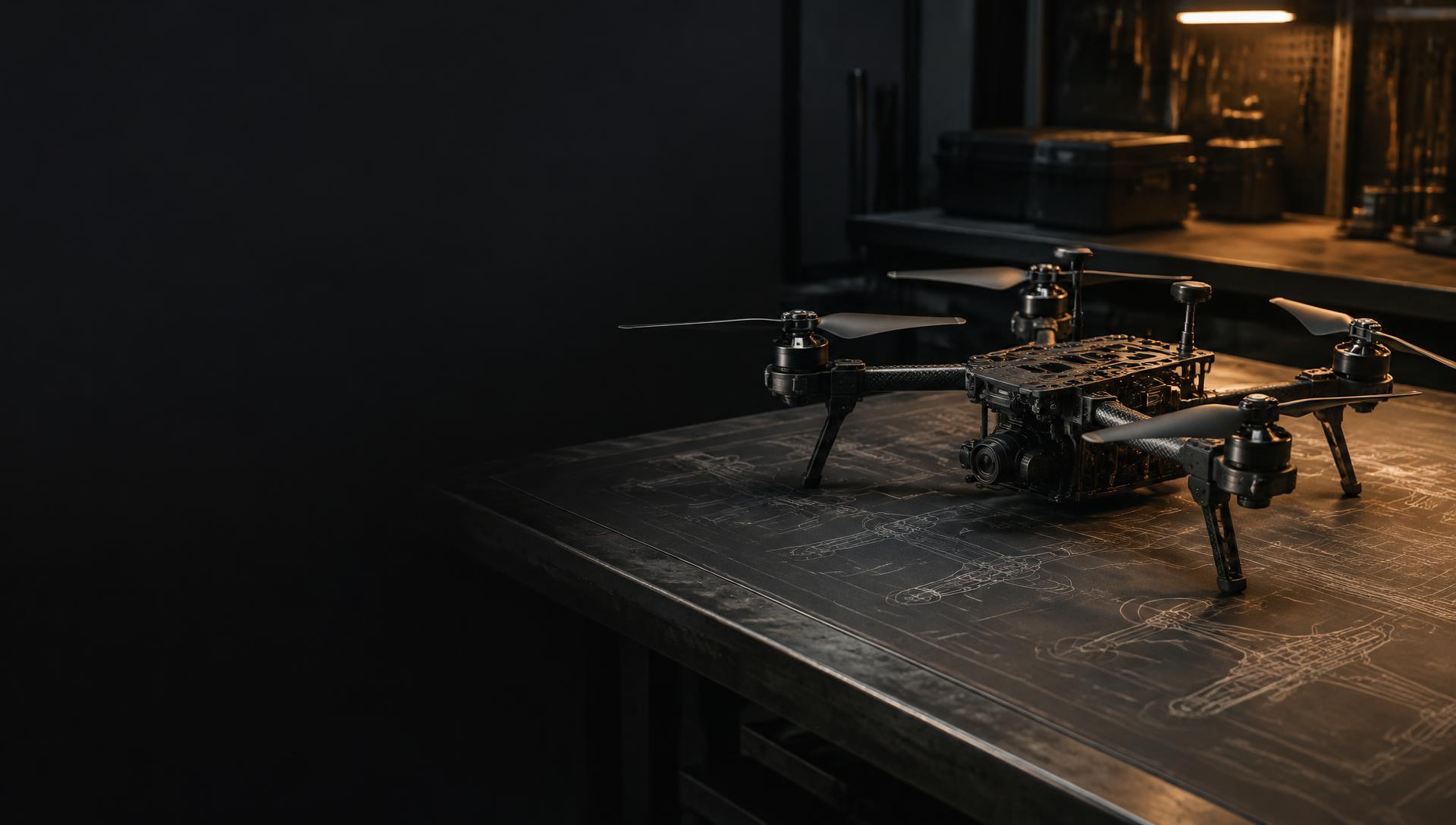 A quadcopter on an engineering workbench, an illustrative view of defense innovation